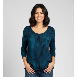 TENCOLE Feather Print Top, Women’s Size L, Teal Blue Black